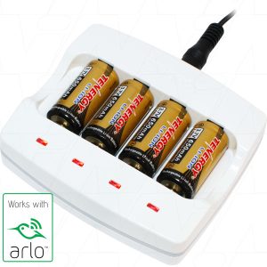Tenergy 4 Cell LiIon 16340 (RCR123A) 400mA Charger for Netgear ARLO VMC3030. Includes 4 x 3.7V 650mA R123A Batteries.