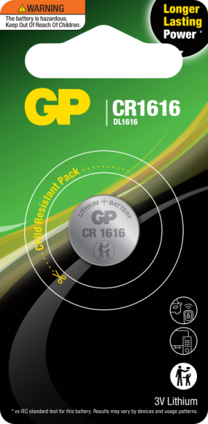 GP CR1616 3V LITHIUM COIN CELL BATTERY CR1616C1