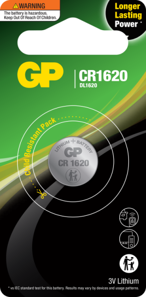 GP CR1620 3V LITHIUM COIN CELL BATTERY CR1620C1