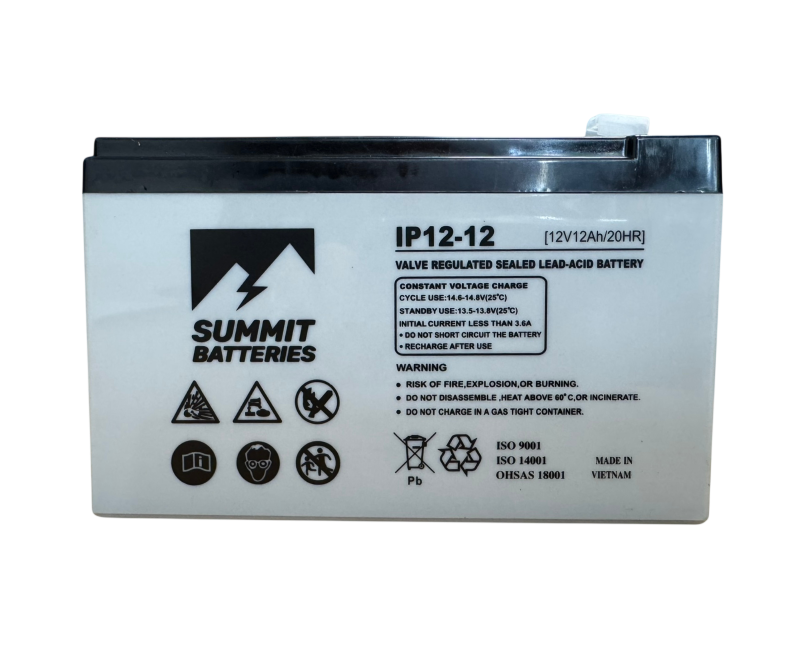 Summit Batteries IP12-12 sealed lead-acid battery with warning icons and recycling symbol on a white label.