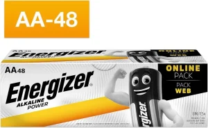 Product packaging for Energizer AA batteries (AA-48), orange branding and a cartoon battery mascot on the box, indicating an online/pack option.