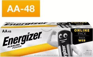 Product packaging for Energizer AA batteries (AA-48), orange branding and a cartoon battery mascot on the box, indicating an online/pack option.