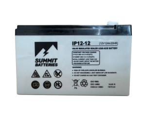 Summit Batteries IP12-12 sealed lead-acid battery with warning icons and recycling symbol on a white label.